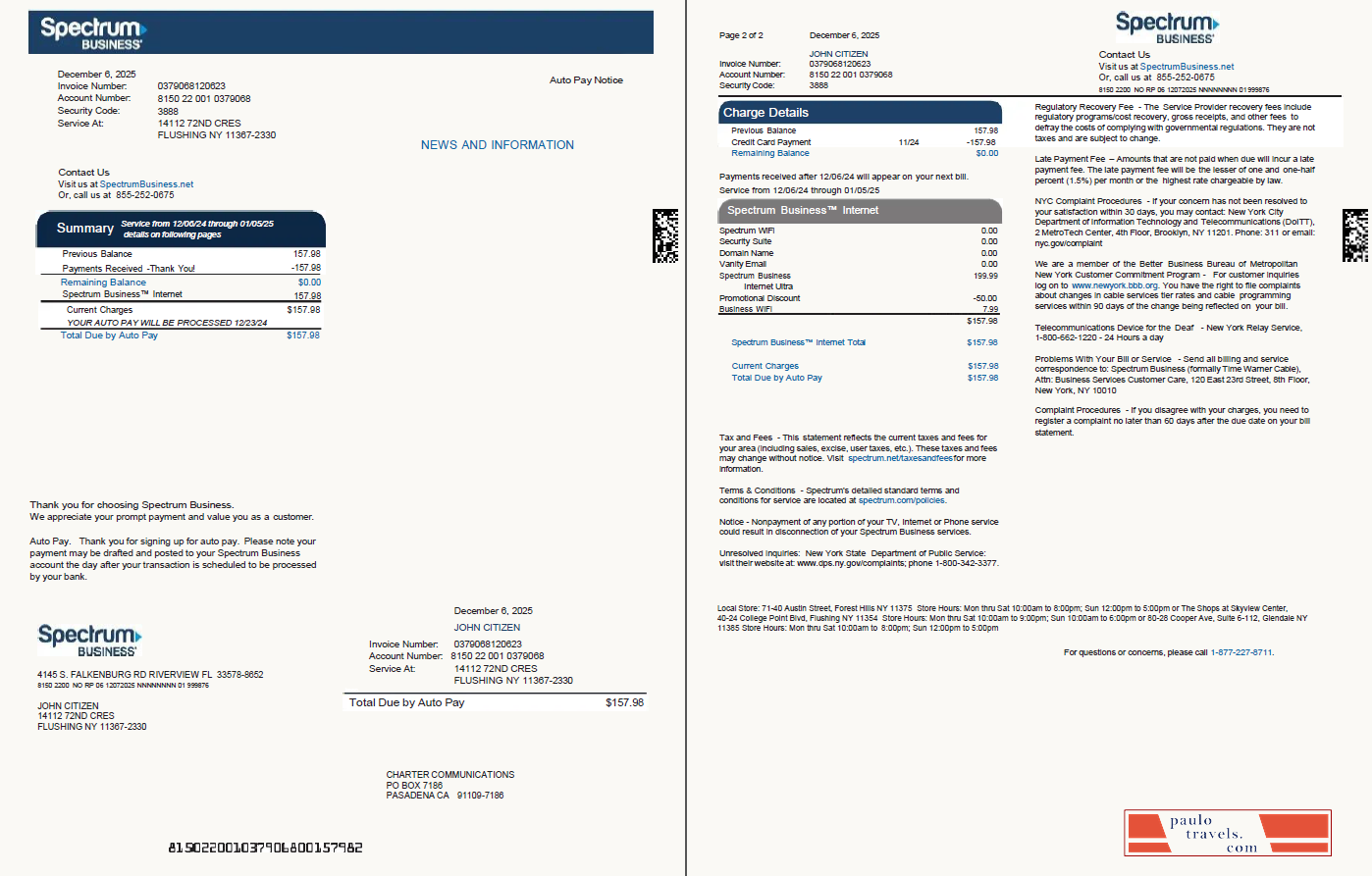 USA Spectrum Business utility bill template in Word and PDF formats, 2 pages, version 2